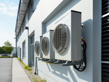 Rangée d'unités de climatisation extérieures fixées sur le mur d'un bâtiment moderne
