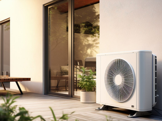 Unité de climatisation extérieure à côté d'une porte-fenêtre coulissante donnant sur une terrasse avec des plantes en pot et un banc.