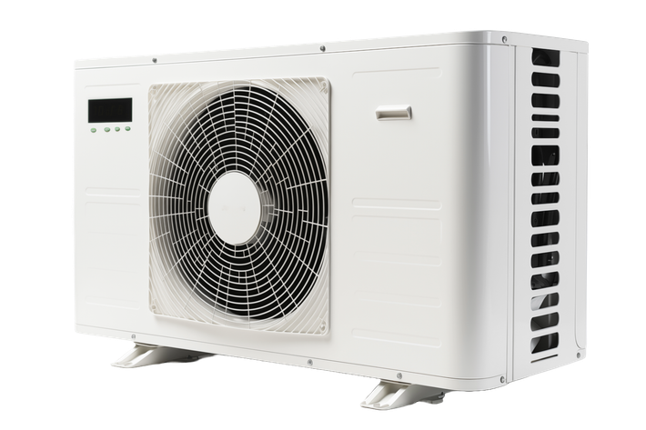 Unité de climatisation extérieure blanche avec grand ventilateur frontal et bouches d'aération latérales