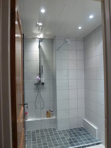 Une cabine de douche et son paumeau vu de face