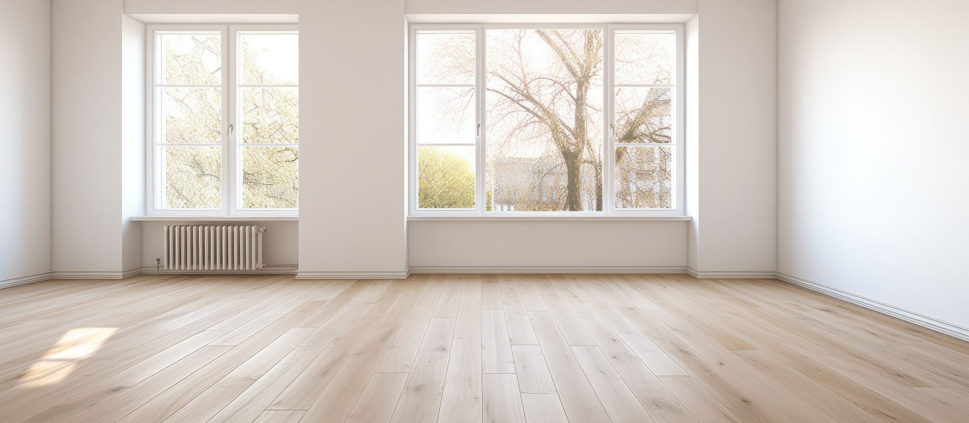 Une pièce lumineuse avec une fenêtre, un radiateur et du parquet