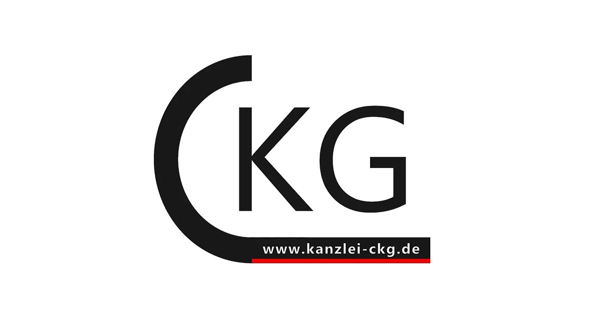 Schwarze Buchstaben „KG“ in einem schwarzen Bogen, darunter die Website-Adresse in Rot.