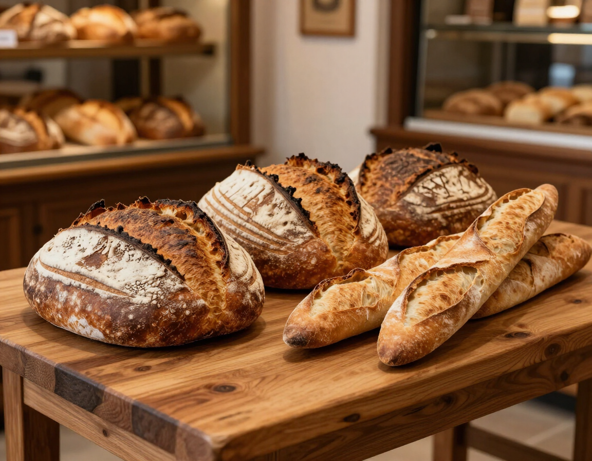 Hogazas rústicas y baguettes sobre una mesa de madera en una panadería