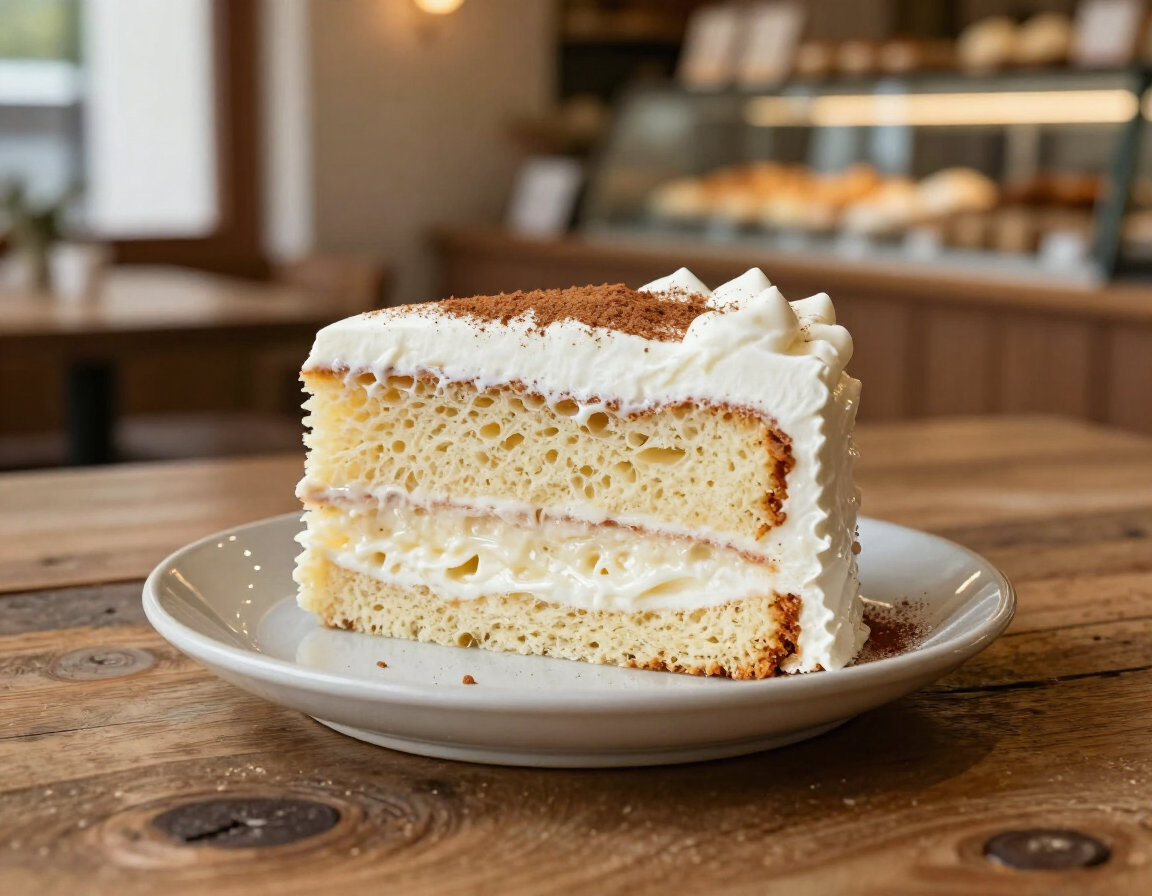 Porción de tarta en capas con glaseado blanco en un plato sobre una mesa de madera en una cafetería