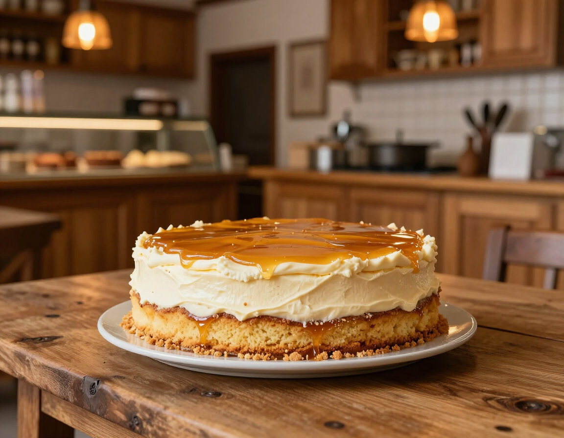 Tarta de queso con caramelo por encima, servida en un plato blanco sobre una mesa de madera en una cocina acogedora.
