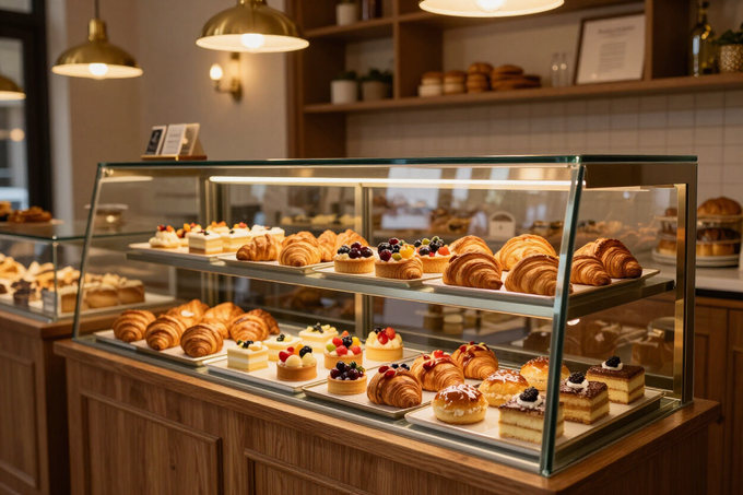 Vitrina de panadería con una variedad de pasteles y tartas bajo la cálida luz de lámparas colgantes