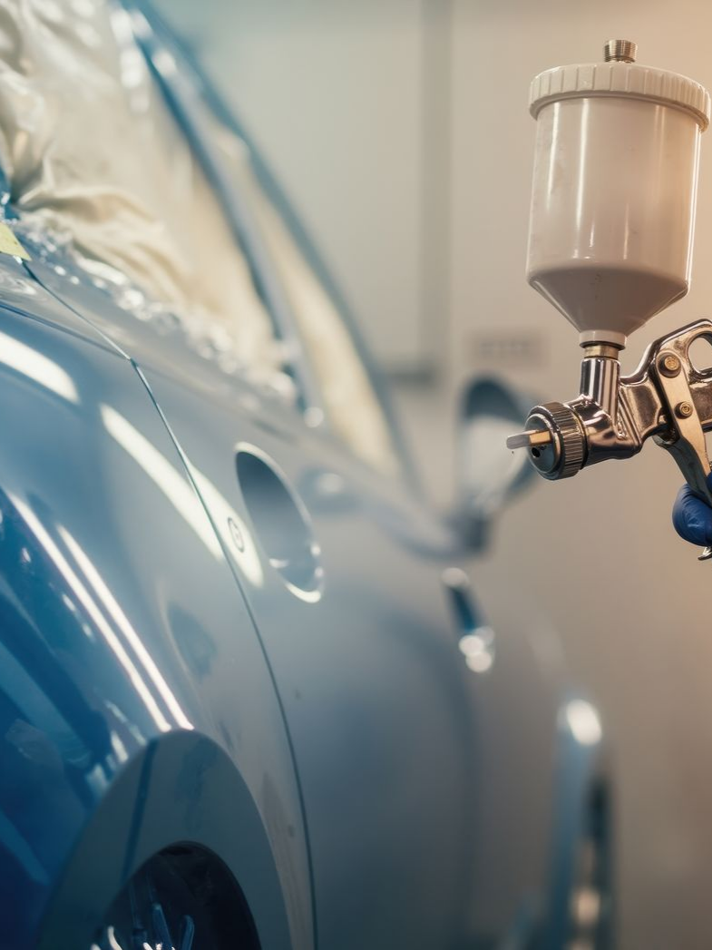 Une voiture bleue est repeinte au pistolet dans un atelier de carrosserie.