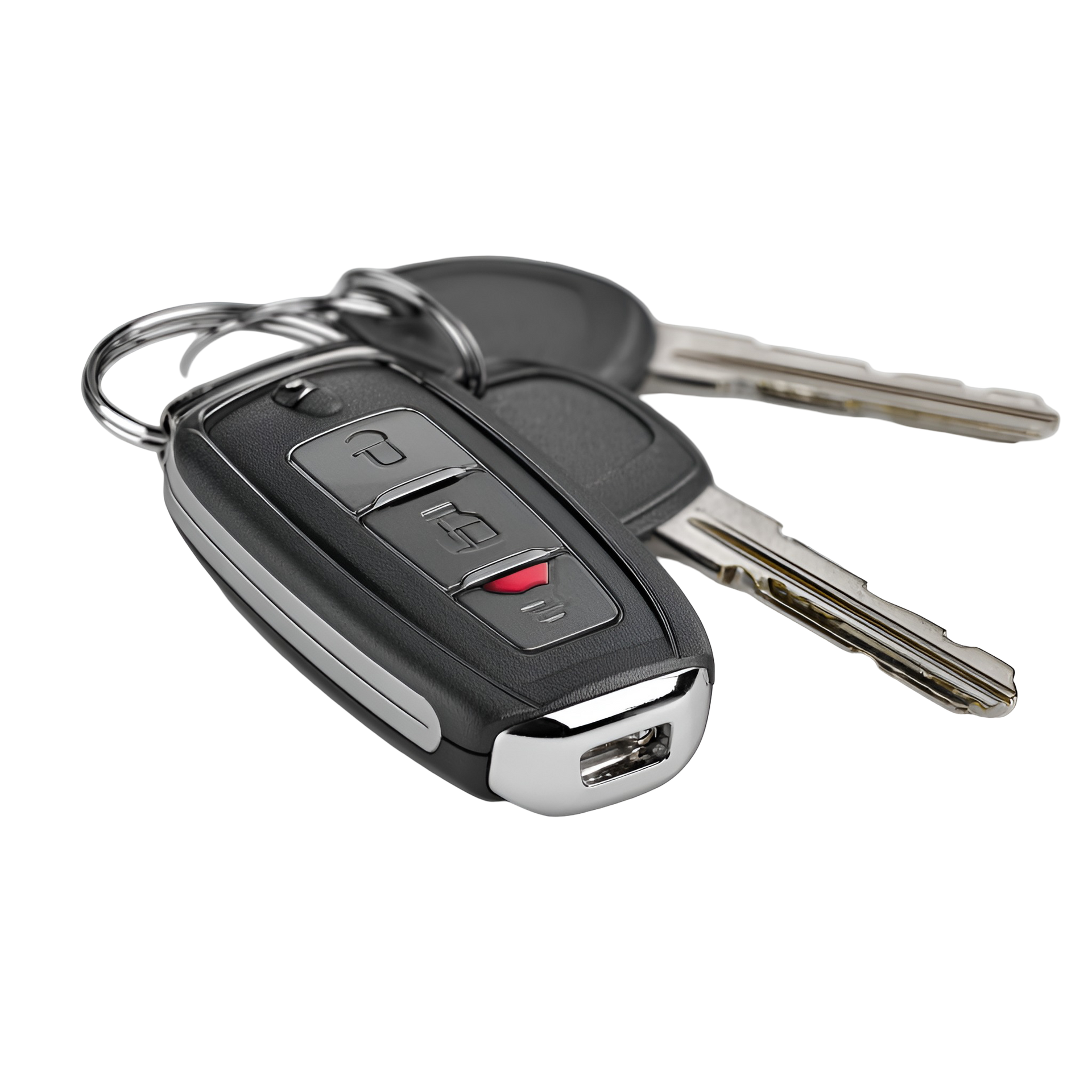 Clés de voiture sur un porte-clés, comprenant une télécommande et deux clés métalliques.