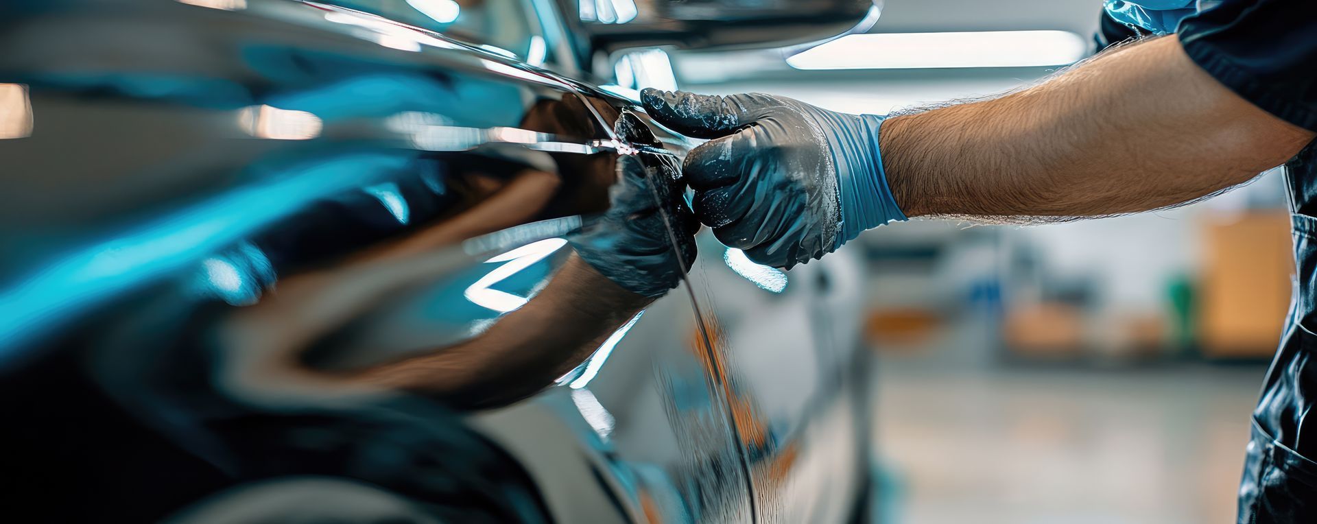 Une personne portant des gants bleus travaille sur une portière de voiture, probablement en train de la réparer.