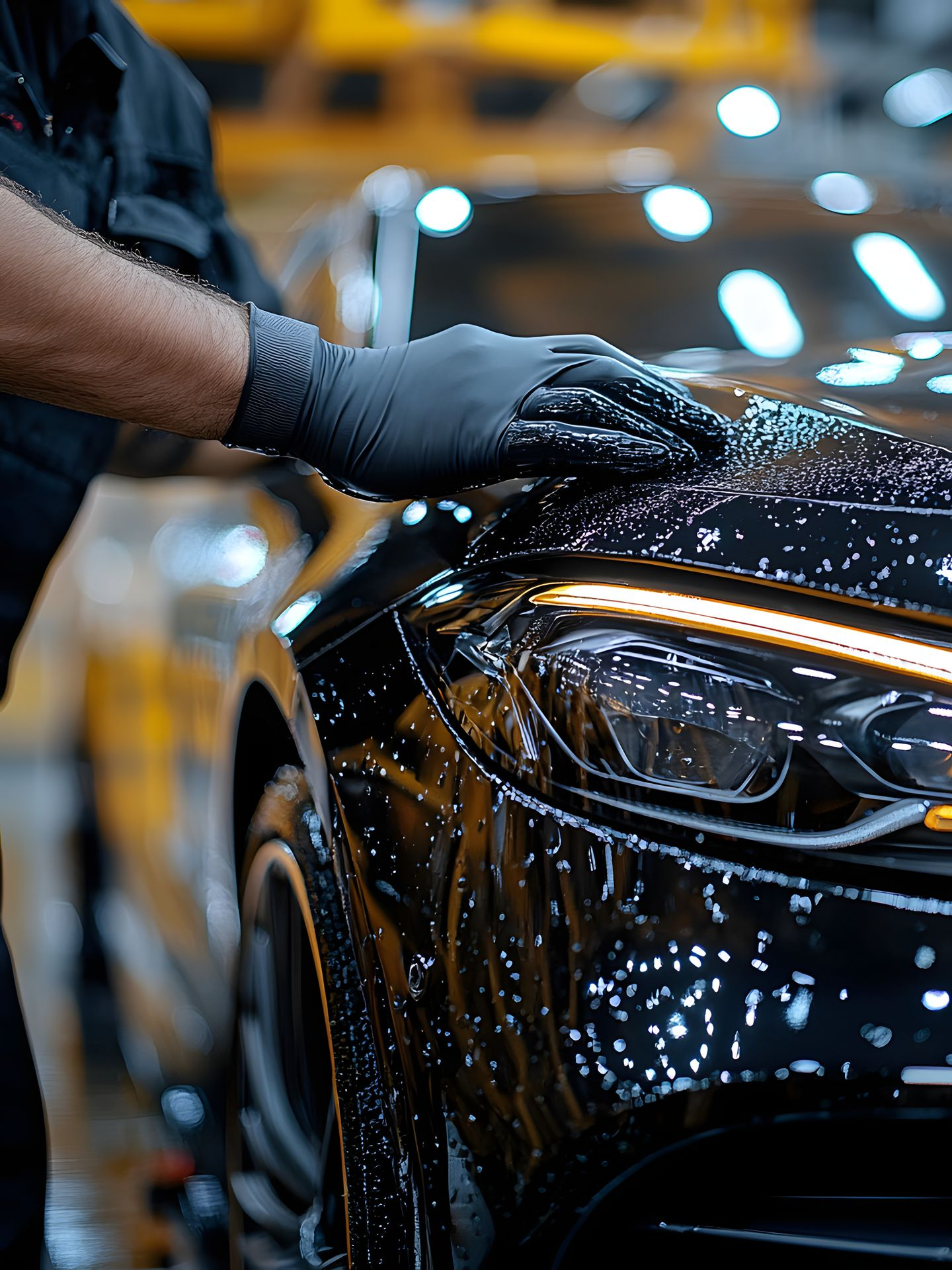 Une personne portant des gants noirs lave une voiture noire brillante dans un atelier bien éclairé.
