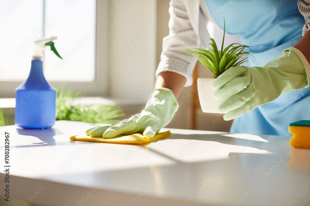 Eine Person mit Handschuhen reinigt mit Sprühflasche, Schwamm und Topfpflanze eine Arbeitsfläche in der Nähe eines Fensters.