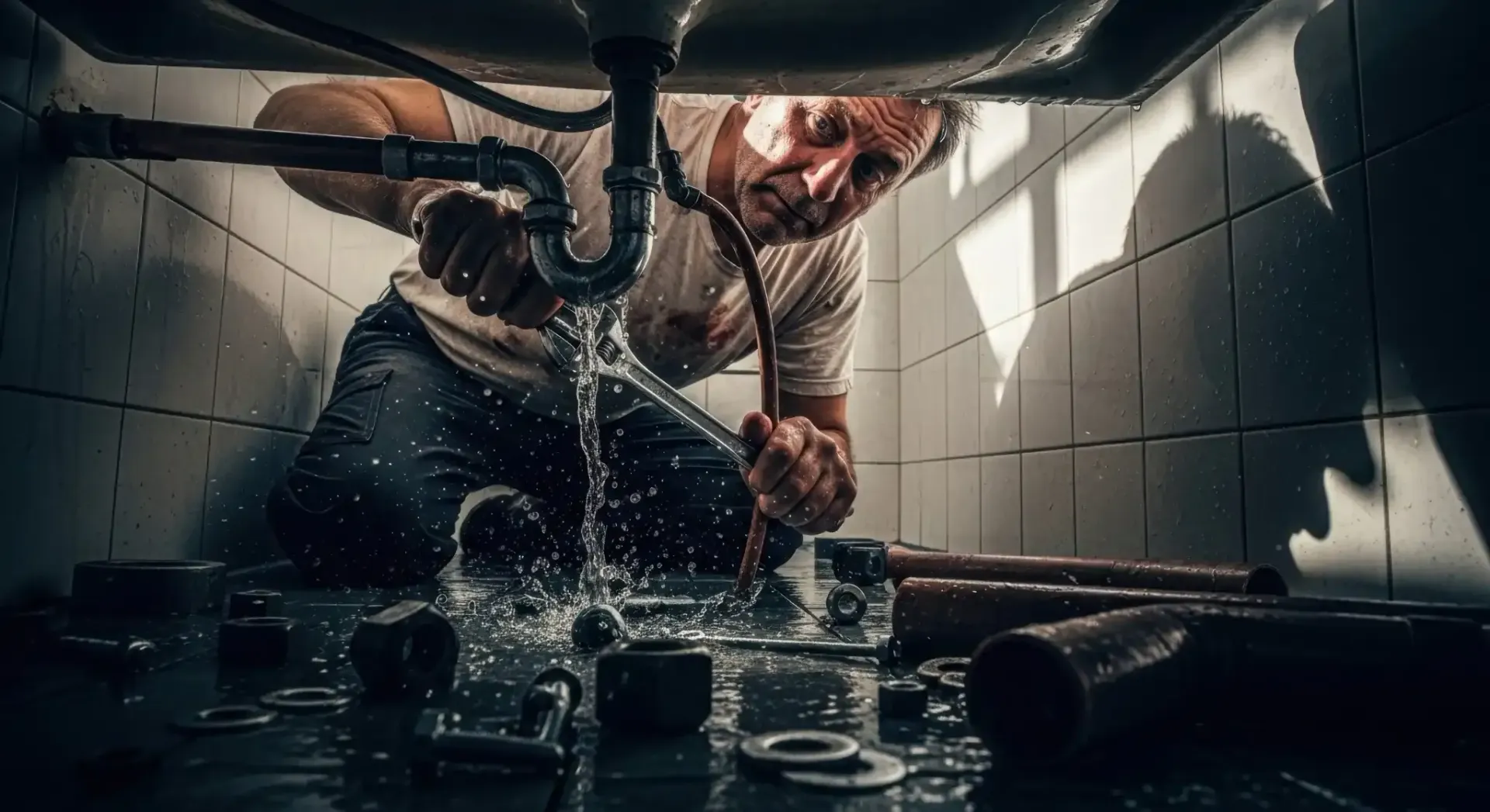 Fontanero arreglando una tubería que gotea debajo de un fregadero. Salpicaduras de agua por todas partes; instalación de azulejos blancos.