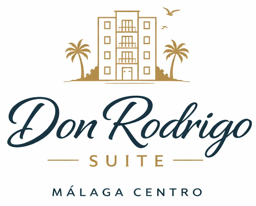 Logotipo para Don Rodrigo Suite en M&aacute;laga Centro: contorno de edificio, palmeras y elegante texto en letra cursiva.