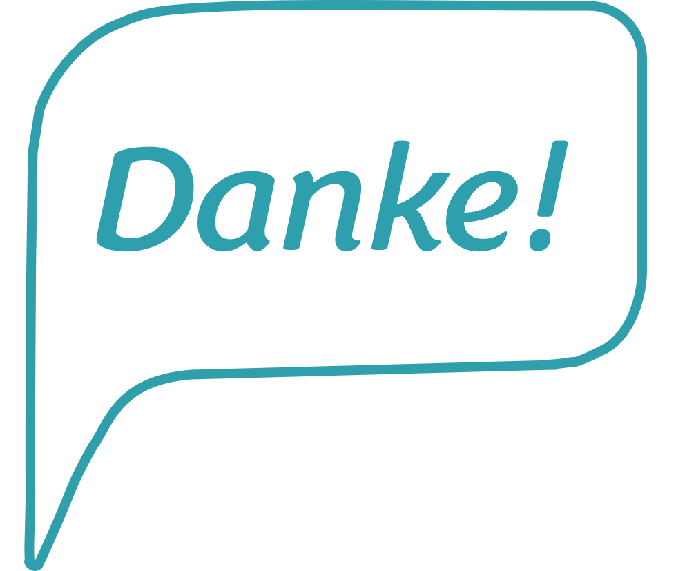 Blaue Sprechblase mit dem türkisfarbenen Schriftzug „Danke!“.