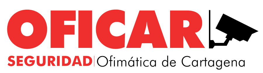 Logo de OFICAR Seguridad y Ofim&aacute;tica de Cartagena en rojo y negro, con silueta de c&aacute;mara.