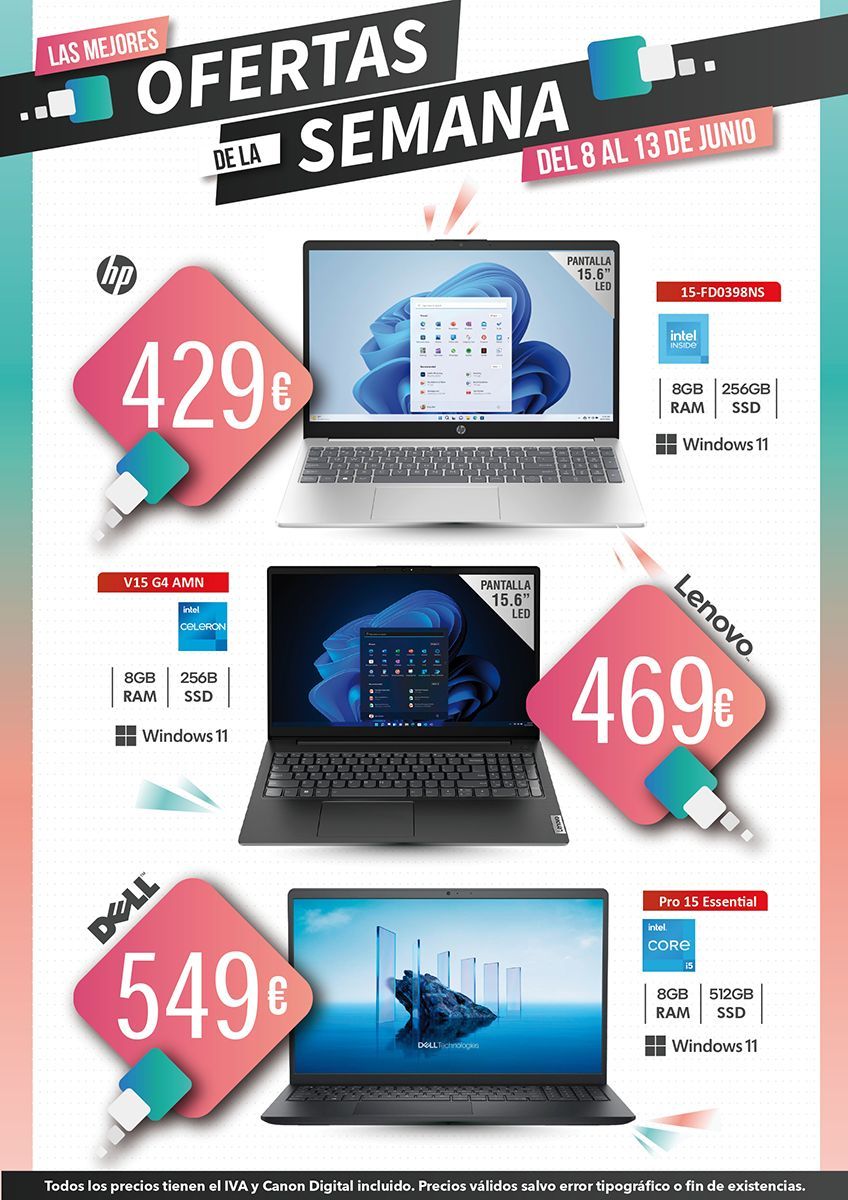 Poster de ofertas semanales con tres laptops y precios destacados de 369€, 429€ y 469€