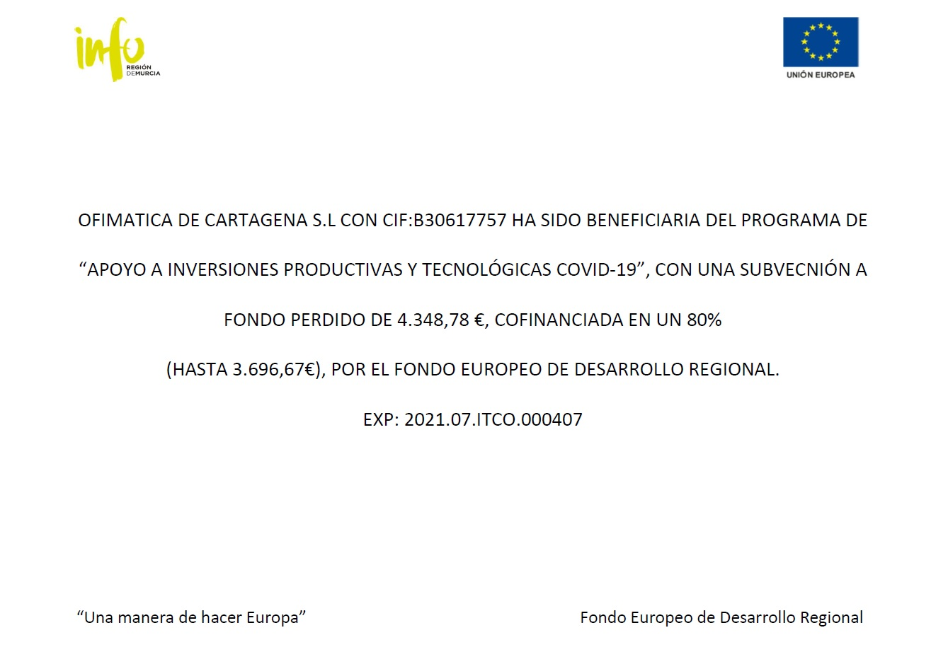 Página blanca de un documento con el logotipo de la UE y texto en español borroso sobre una subvención para un proyecto relacionado con la COVID-19.