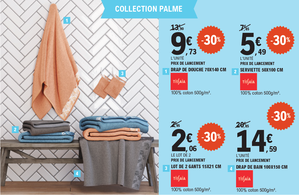 30% de remise sur la collection Palme Tissaia, 100 % coton, 500 grammes par mètre carré : le drap de douche, 70 par 140 centimètres, 9,73 € l’unité, prix de lancement, au lieu de 13,90 €. La serviette, 50 par 100 centimètres, 5,49 € l’unité, prix de lancement, au lieu de 7,85 €. Le lot de 2 gants, 15 par 21 centimètres, 2,06 € le lot de 2, au lieu de 2,95 €. Le drap de bain, 100 par 150 centimètres, 14,59 € l’unité, prix de lancement, au lieu de 20,85 €.