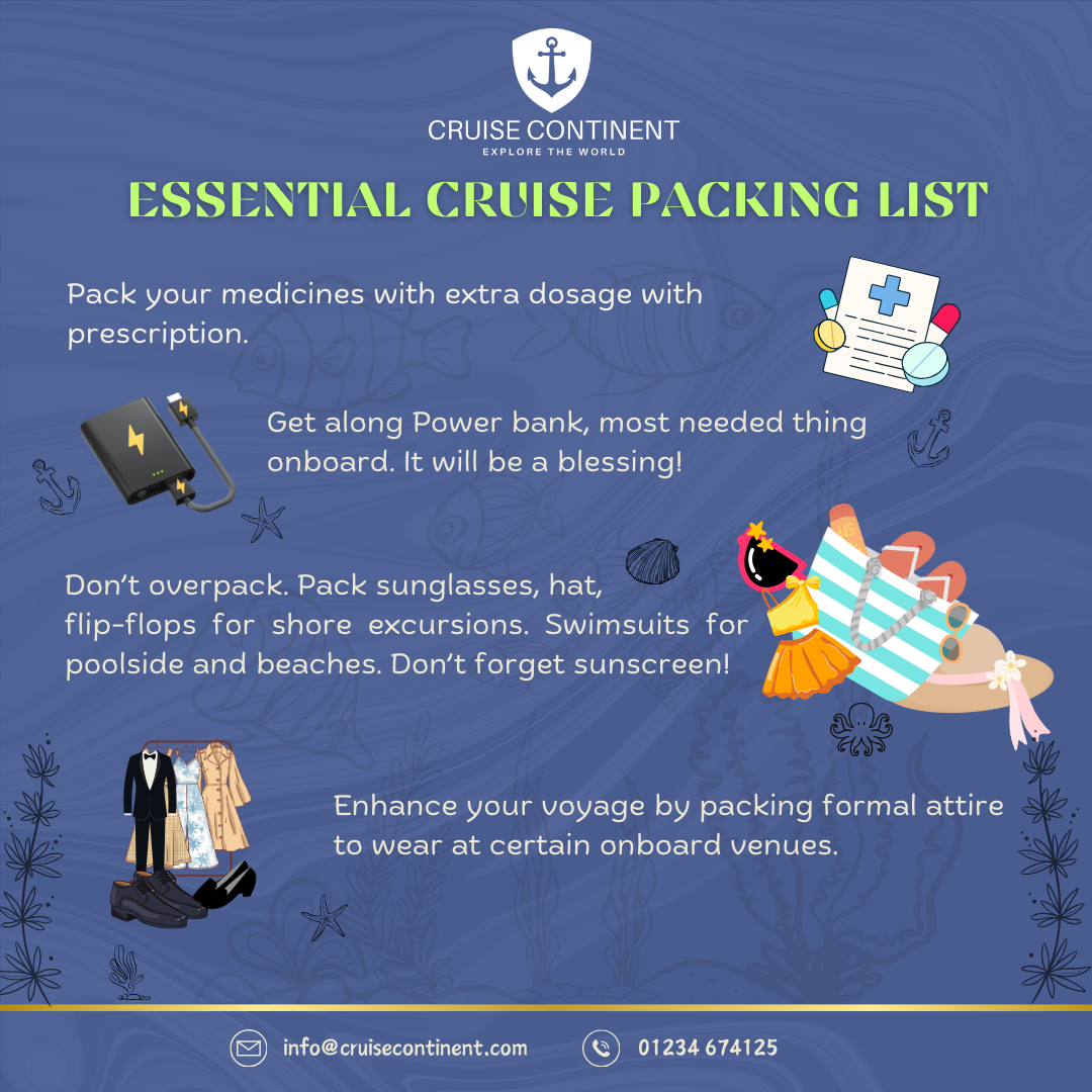 An essential cruise packing list is displayed on a blue background.