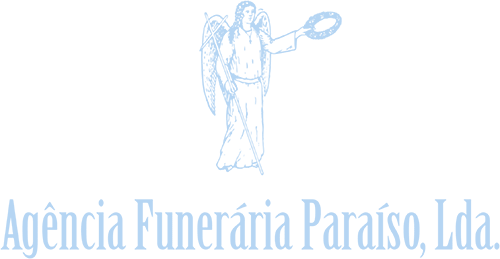 Um logotipo para uma funerária com um anjo segurando uma coroa de flores.