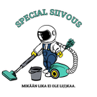 Piirroshahmo astronautti siivoamassa: imuri, &auml;mp&auml;ri ja h&ouml;yhenp&ouml;lyhuiska. Sinivihre&auml; ja harmaa, teksti "Special Siivous", suomalainen iskulause.