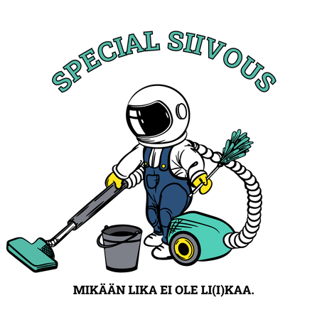 Piirroshahmo astronautti siivoamassa: imuri, ämpäri ja höyhenpölyhuiska. Sinivihreä ja harmaa, teksti 