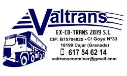 Logotipo de Valtrans SL con texto azul y un camión estilizado descargando un contenedor. "Grúas y contenedores" abajo.