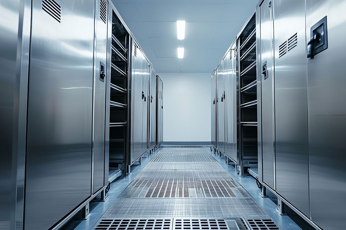 Reihen von Lagerschränken aus Edelstahl in einem sterilen, industriell wirkenden Raum.