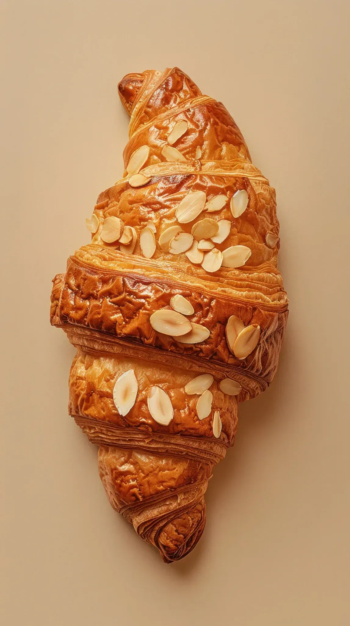Croissant de almendras sobre una superficie beige; masa dorada y hojaldrada cubierta con almendras fileteadas.