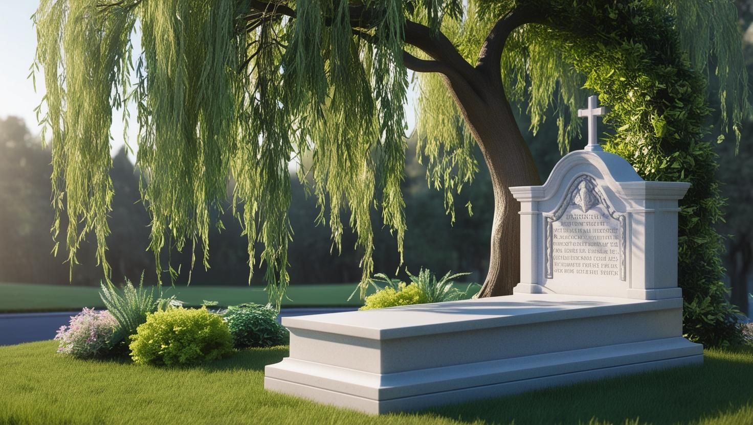 Una tomba in un cimitero con un salice sullo sfondo.