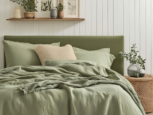 Chambre verte avec lit et oreillers ; étagère en bois avec des plantes sur un mur blanc.