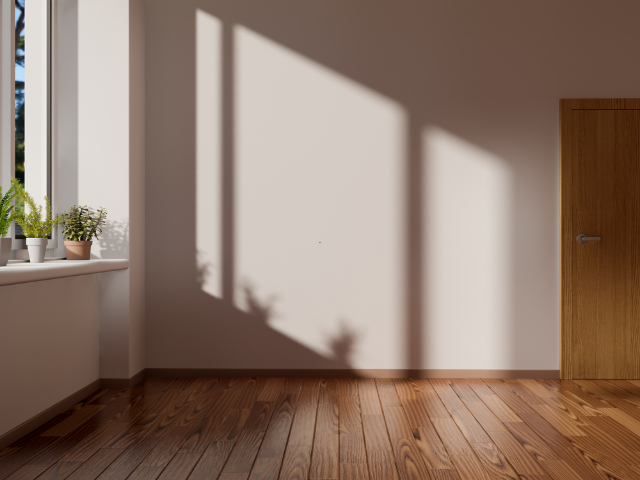 La lumière du soleil pénètre dans une pièce au parquet. Une fenêtre ornée de plantes.