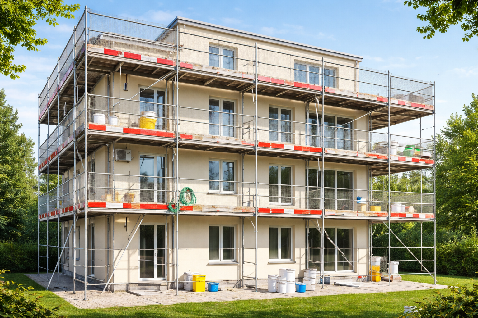 Échafaudage sur la façade d'un bâtiment rose avec des garnitures marron autour des fenêtres.