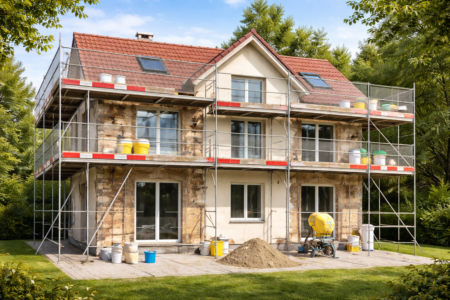 Bâtiment en cours de peinture ; échafaudage en place, moitié jaune, moitié blanc, ciel bleu.