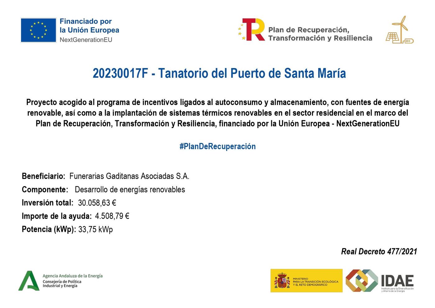 Cartel informativo azul y blanco del proyecto 20230017F, Tanatorio del Puerto de Santa María, con logos institucionales.