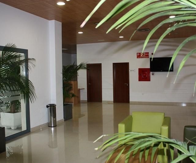Vestíbulo moderno con suelo brillante, sillas verdes, plantas en macetas y puertas marrones.