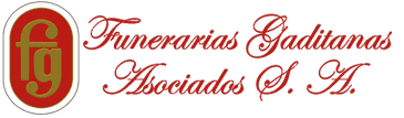 Logo de Funerarias Gaditanas Asociados S.A. en rojo y dorado con emblema &ldquo;fg&rdquo; ovalado.