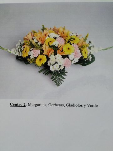 Flores variadas en un arreglo floral bajo con flores amarillas, rosas, blancas y verdes sobre un fondo blanco.