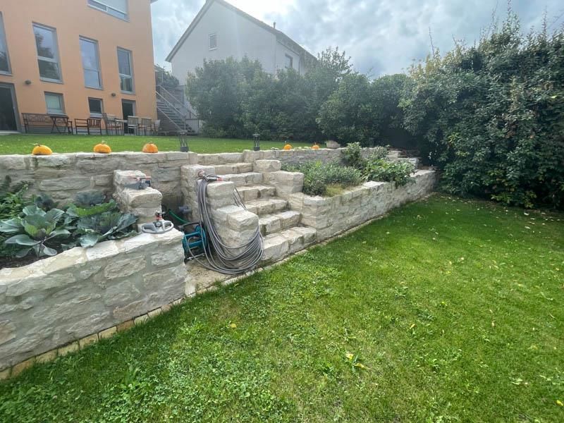 Eine Steinmauer umgibt einen üppig grünen Hof mit einem Haus im Hintergrund.