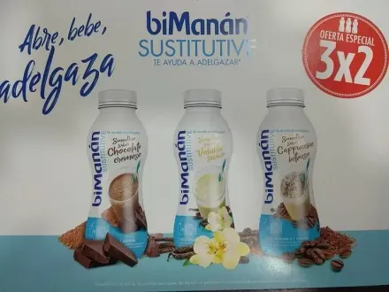 Un anuncio de Bimanán Sustitutivo muestra tres sabores diferentes.