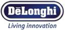Das DeLonghi-Logo ist blau und weiß und sagt „Living Innovation“.