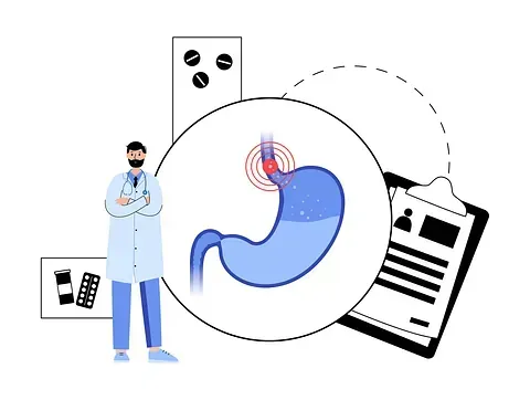 Un médico se encuentra junto a un diagrama de un estómago con una zona irritada y enrojecida, lo que sugiere un problema médico. Cerca hay medicamentos y la historia clínica del paciente.