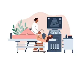 Un profesional médico realiza una ecografía a un paciente acostado en una cama. Una pantalla muestra la imagen.