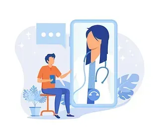 Un hombre recibe una consulta de telesalud por teléfono. El médico está en la pantalla y el hombre, sentado en una silla, sostiene un teléfono.