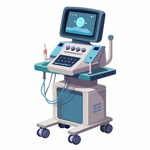 Respirador médico con pantalla de datos y teclado sobre un soporte con ruedas. El dispositivo es principalmente azul y blanco.