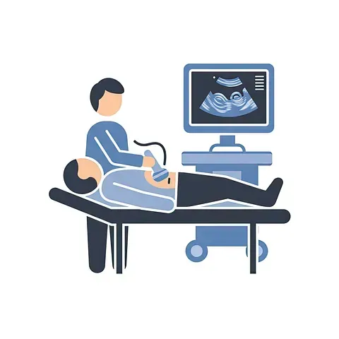 Una persona recibe una ecografía de un médico; un monitor muestra una imagen de ecografía.