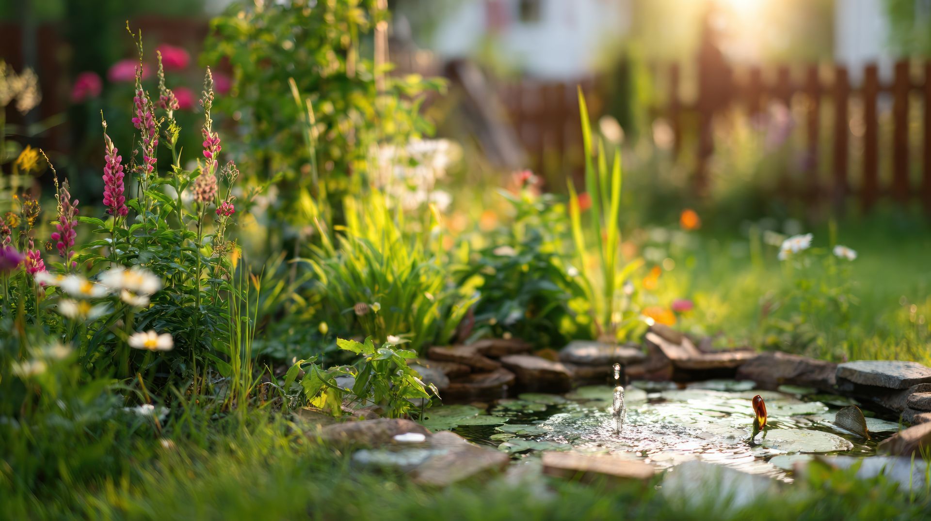 Bassin de jardin ensoleillé avec nénuphars, fleurs roses et végétation luxuriante au bord de l'eau.