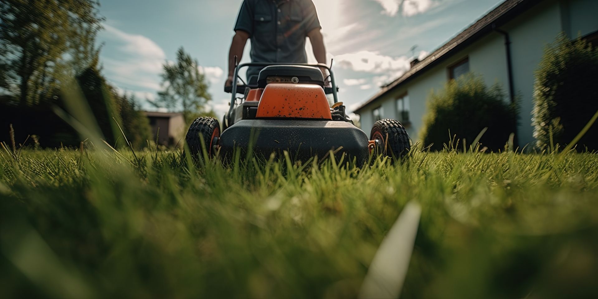 Une personne tond l'herbe haute de son jardin avec une tondeuse à gazon manuelle.