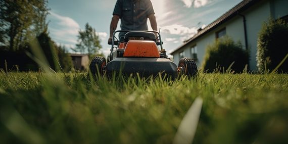 Une personne tond l'herbe haute de son jardin avec une tondeuse à gazon manuelle.