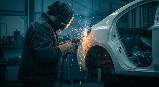 Un homme applique un film protecteur sur l'avant d'une voiture grise dans un atelier.
